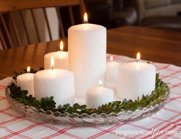 Easy Frosted Candle Centerpiece - Learn how to make your own frosted candles to use in a centerpiece. virginiasweetpea.com #centerpiece #candles #frostedcandles