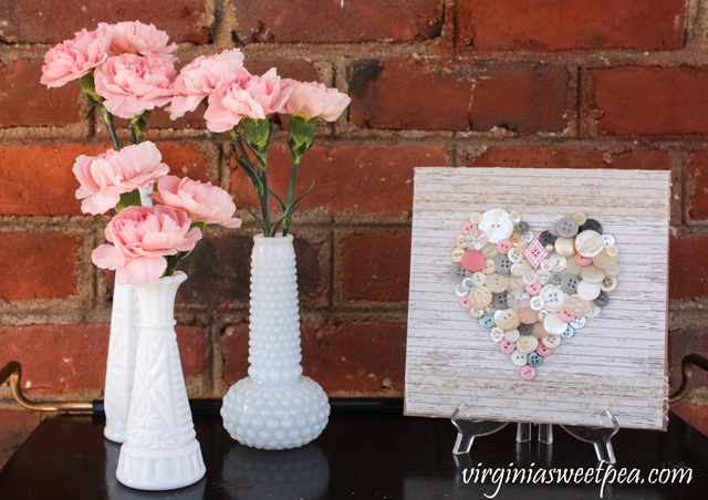 Pink Carnations in Milk Glass Vases with a Button Heart Plaque