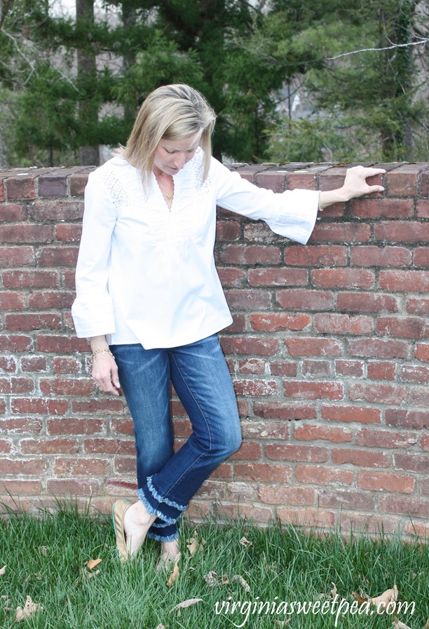 Stitch Fix Review for April 2018-Lila Ryan Double Frayed Hem Straight Leg Jean and Pale Sky Calico Bell Sleeve Poplin Top