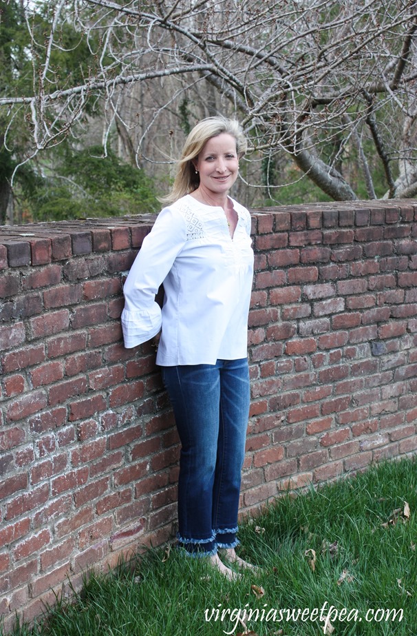 Stitch Fix Review for April 2018-Lila Ryan Double Frayed Hem Straight Leg Jean and Pale Sky Calico Bell Sleeve Poplin Top