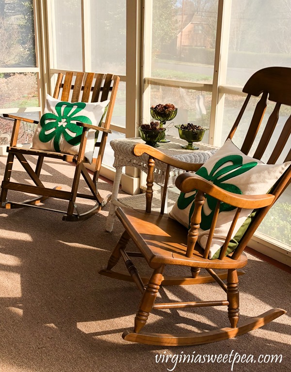 St. Patrick's Day Decor - Pillows made with drop cloths and shamrocks from the dollar store. virginiasweetpea.com #stpatricksday #stpatricksdaydecor