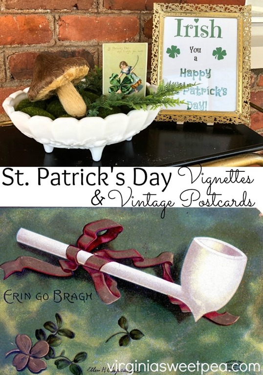 St. Patrick's Day Vignette - Create a St. Patrick's Day vignette with a vintage post card, moss covered rocks, and fern stems. A free printable in a vintage frame completes the display. virginiasweetpea.com #stpatricksday #saintpatricksday #vintage #vintagepostcards