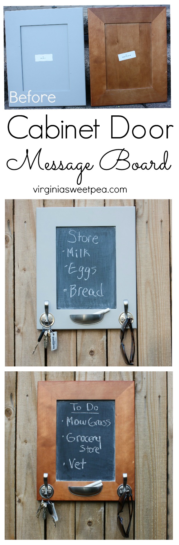 A cabinet door is upcycled into a message board. Hooks organize keys, sunglasses, hats, dog leashes and anything else you need to keep handy.