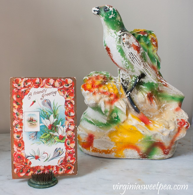 Chalkware bird and a 1911 postcard #vintage #chalkware #vintagedecor #vintagepostcard