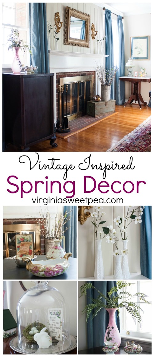 Tour a home decorated for spring using mostly vintage items. virginiasweetpea.com #springdecorating #vintagedecor #hometour #springhometour #styledforspring #vintagedecor