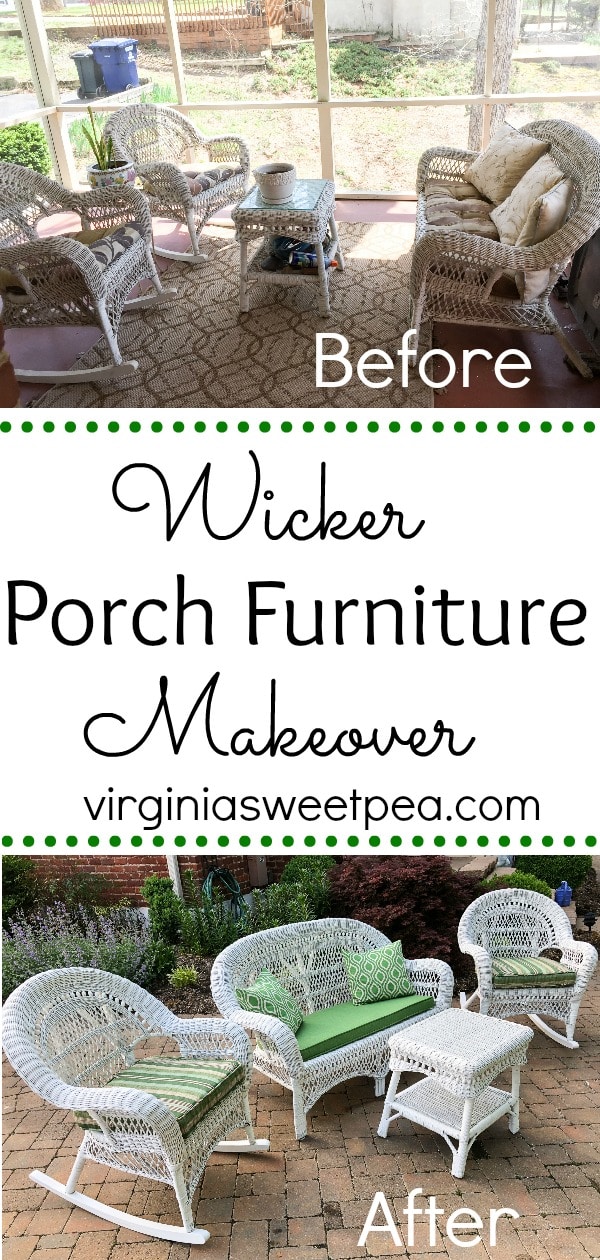 Before and After Pictures of a Set of Wicker Porch Furniture