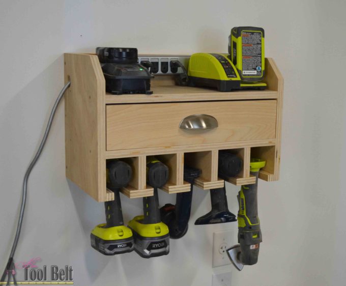 DIY Cordless Drill Organizer with Charging Station - Get the plans to make this for your garage or workshop. #woodworking #diydrillstorage #diydrillchargingstation #diyproject