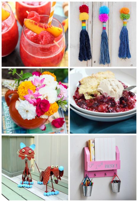 Best of the Weekend Features for August 3, 2018 I Peach Bellini I DIY Upcycled Denim Tassels I Easy Summer Flower Arrangement I Very Berry Cobbler Recipe I Whimsical Garden Decor I DIY Desk Organizer