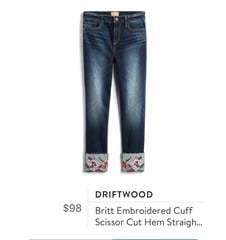 Driftwood Britt Embroidered Cuff Scissor Cut Hem Straight Leg Jean