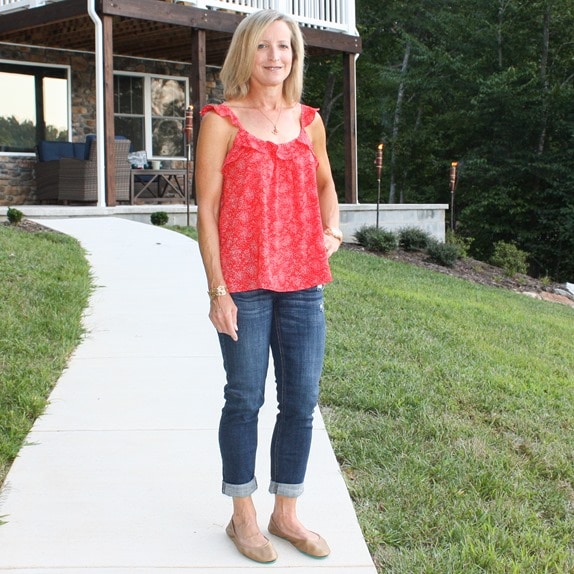 Stitch Fix Review for September 2018 - K&C Camila Eyelet Sleeve Detail Knit Top with Collective Concepts Kalai Ruffle Trim Blouse with Cosmic Blue Love Adrianne Distressed Boyfriend Jean #stitchfix #stitchfixreview #fashionover40