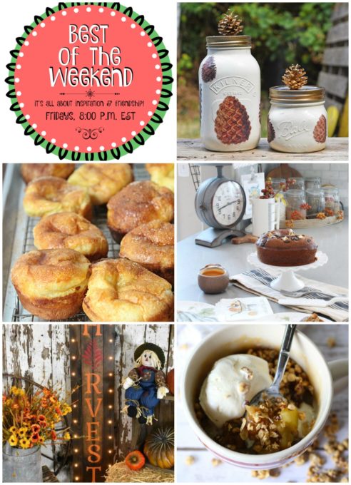 Best of the Weekend Features for September 14, 2018 - Pine Cone Mason Jars I Light and Airy Cinnamon Popovers I Fall Kitchen Tour I DIY Lighted Harvest Sign I Dark Chocolate Granola Apple Mug Cake