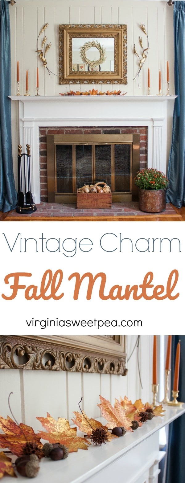 Traditional Fall Mantel with Vintage Charm - Get ideas for decorating your mantel for fall. #fall #falldecor #fallmantel #vintagedecor