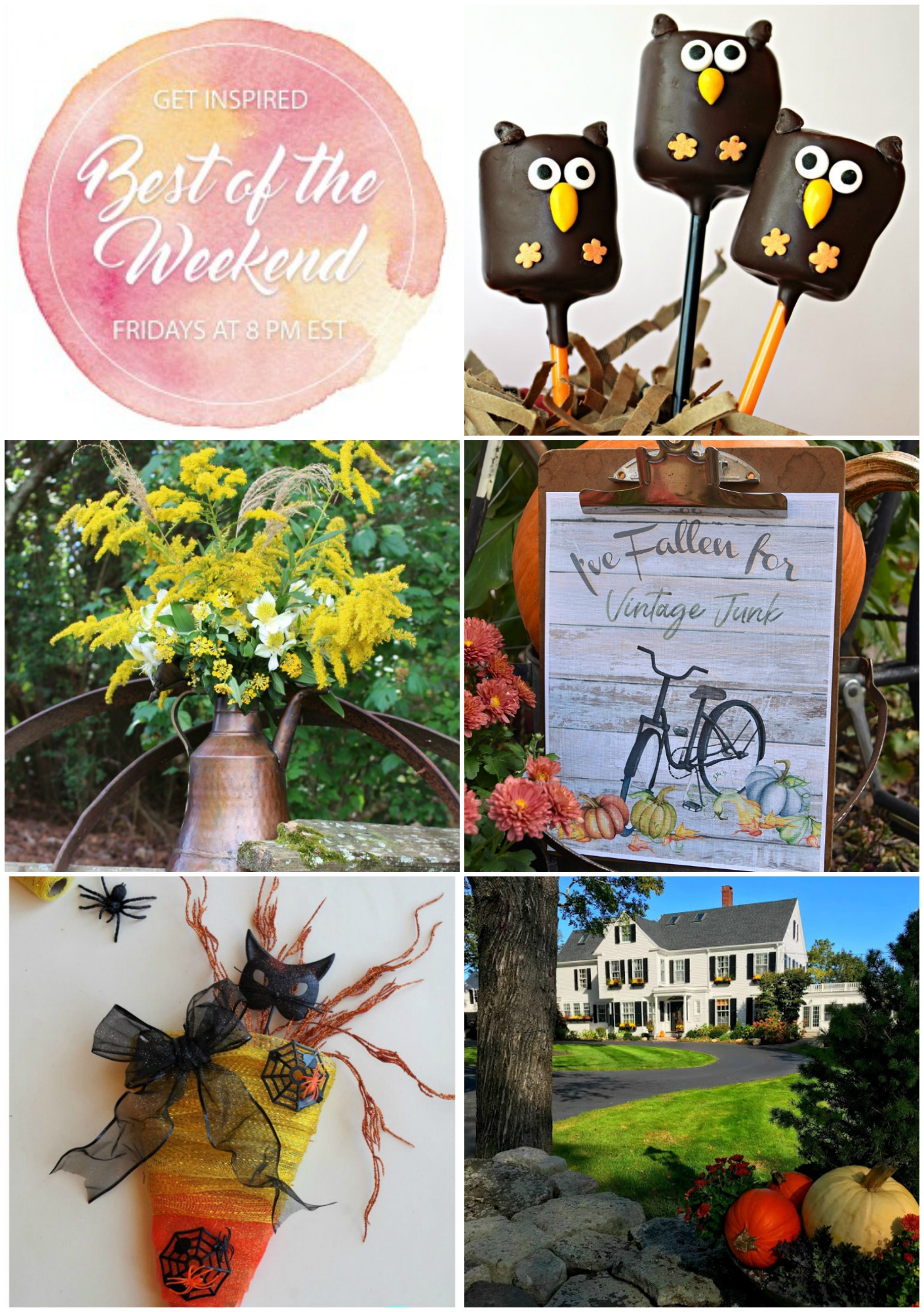 Best of the Weekend Party Features for October 26, 2018 - Owl Marshmallow Pops I Fall Floral Arrangement with Copper I Free Fall Printables I DIY Halloween Wreath I Fall Decor and Party Details