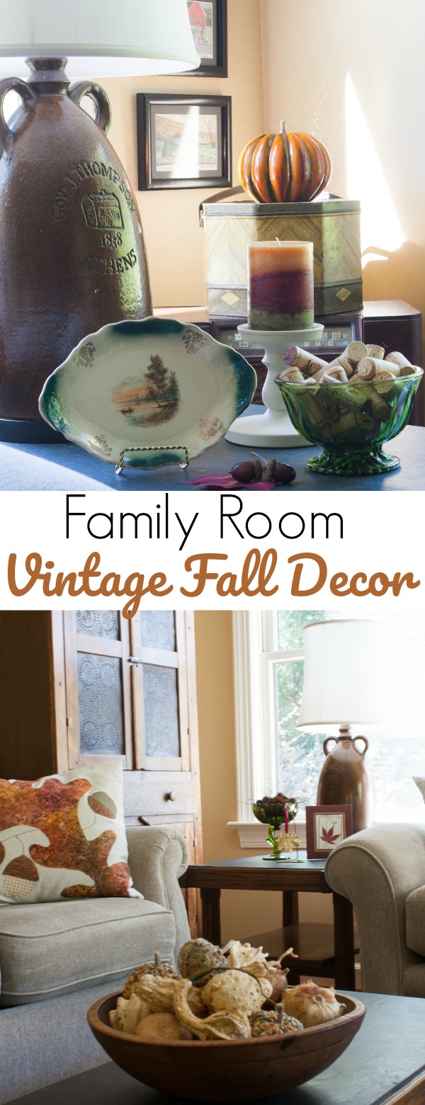 Family Room Vintage Fall Decor - A family room decorated for fall using inherited and thrifted fall items.