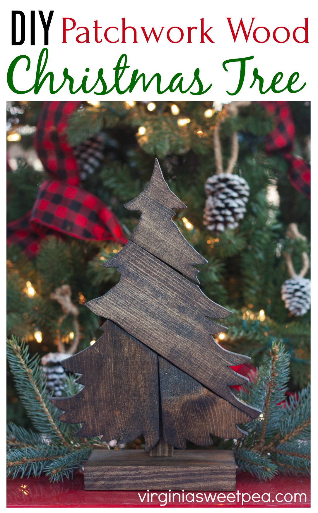 DIY Patchwork Wood Christmas Tree - Make this tree using scrap wood and customize with stain color. This project makes a great gift! #christmas #woodworking #christmasdecoration #christmascraft #DIYChristmas