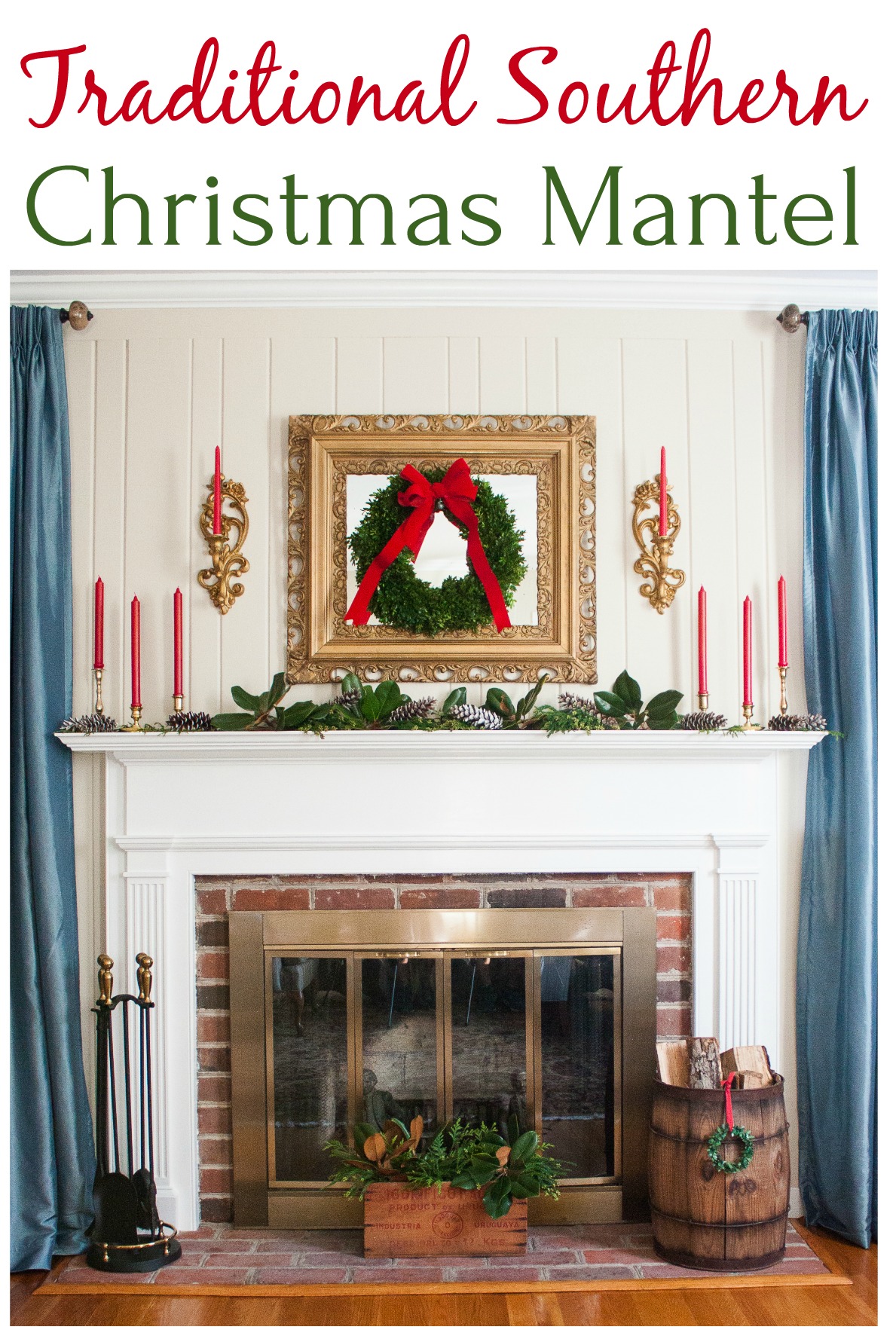 Traditional Southern Christmas Mantel - A mantel decorated for Christmas in traditional southern style. #christmas #christmashomedecor #christmasmantel #christmasideas #favoritechristmasideas