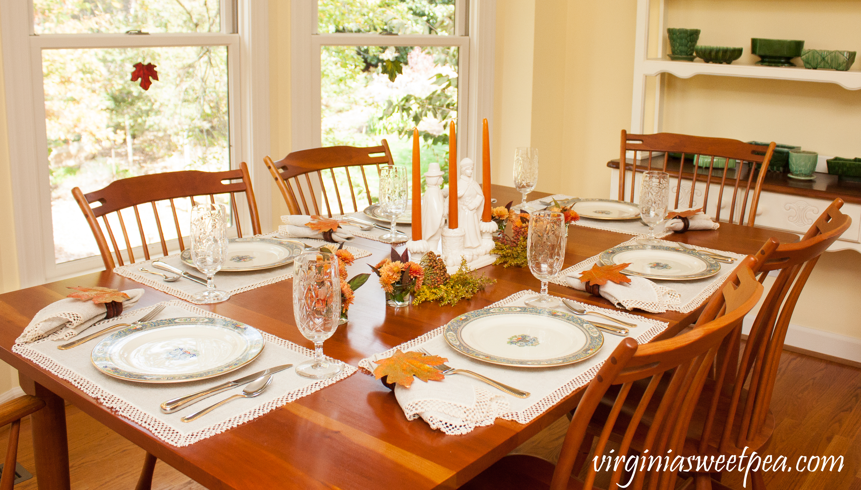 We Gather Together Thanksgiving Table - Get ideas for setting your table for Thanksgiving from 20+ bloggers. #thanksgivingdecor #thanksgiving #vintagepilgrims #thanksgivingtablescape