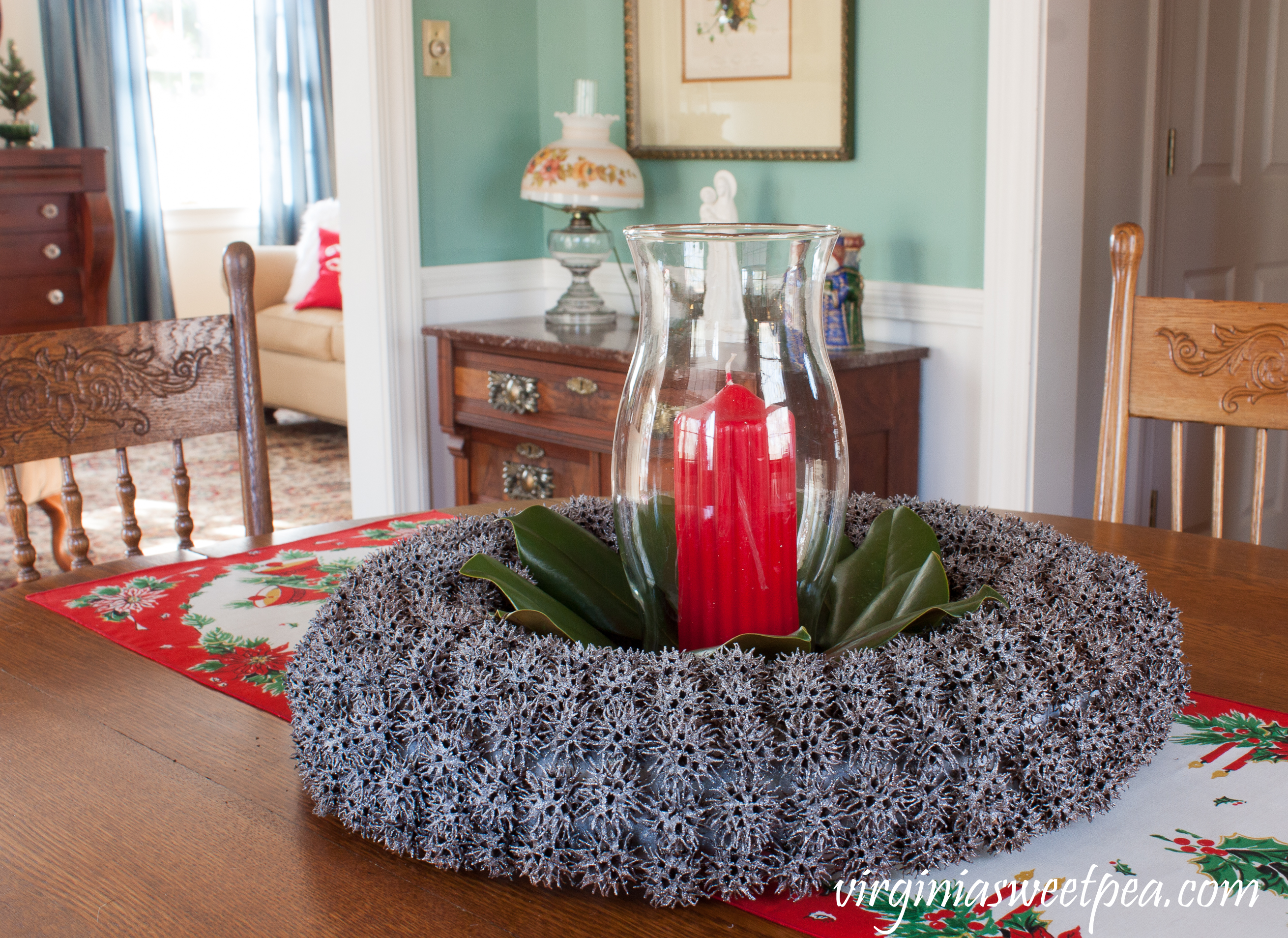 Use a wreath made from Sweet Gum tree seed pods as a table centerpiece.