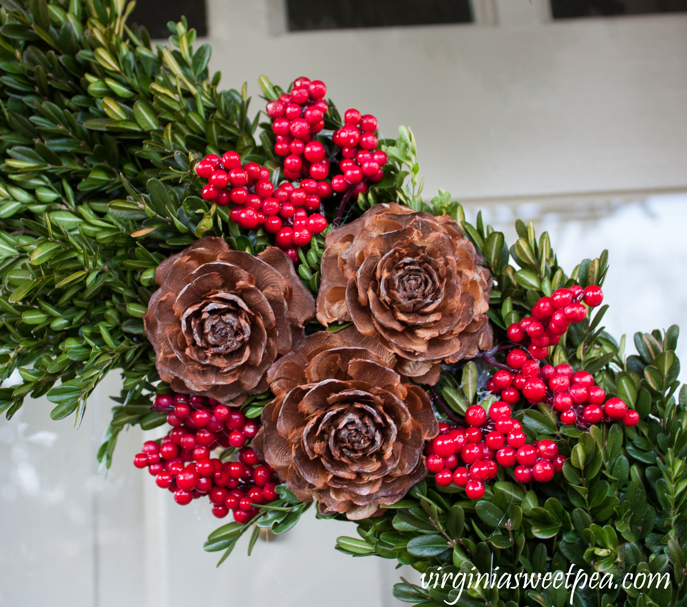 Deodar Cedar Pinecones used to embellish a Christmas wreath #christmas #christmaswreath #christmasdoors #christmasoutdoors #christmasdecor