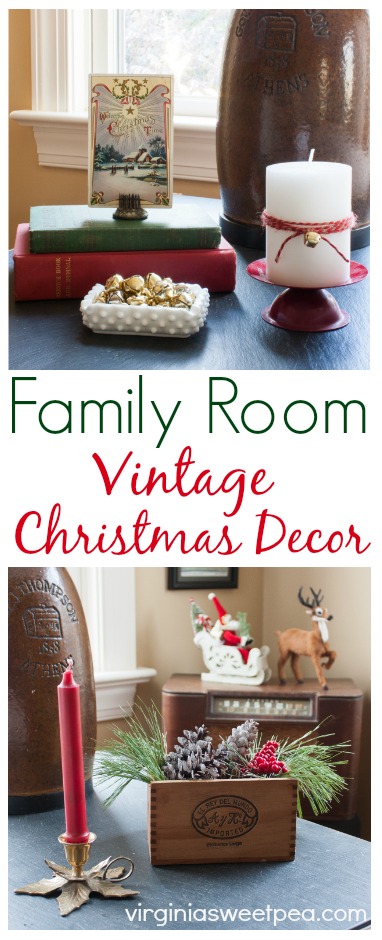 See a family room decorated for Christmas with vintage style. #christmas #christmasdecor #vintage #vintagechristmasdecor