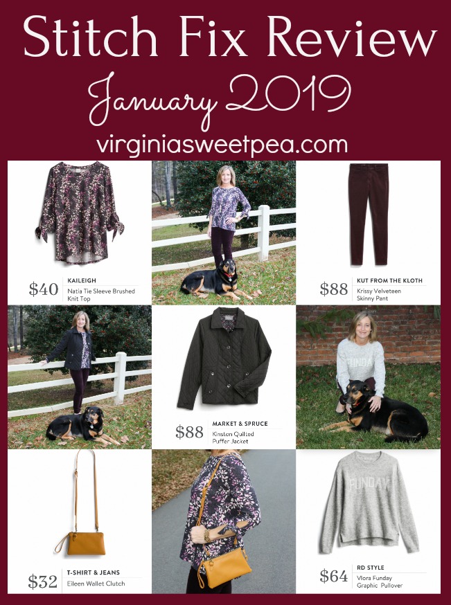 Stitch Fix Review for January 2019 - See winter fashions including a top, sweater, velveteen skinny pants, a purse, and a coat. #stitchfix #2019stitchfix #stitchfixwinter #winterfashion 