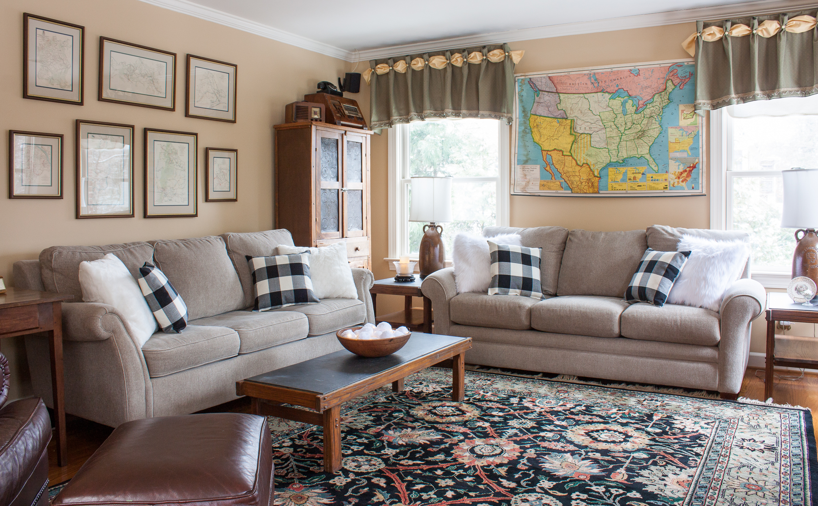 A family room is cozily decorated for winter.