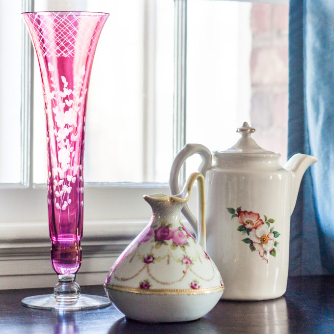 House of Webster, Eastland Texas Tea Pot, vintage pink glass vase, and a Nippon Hand Painted Pitcher