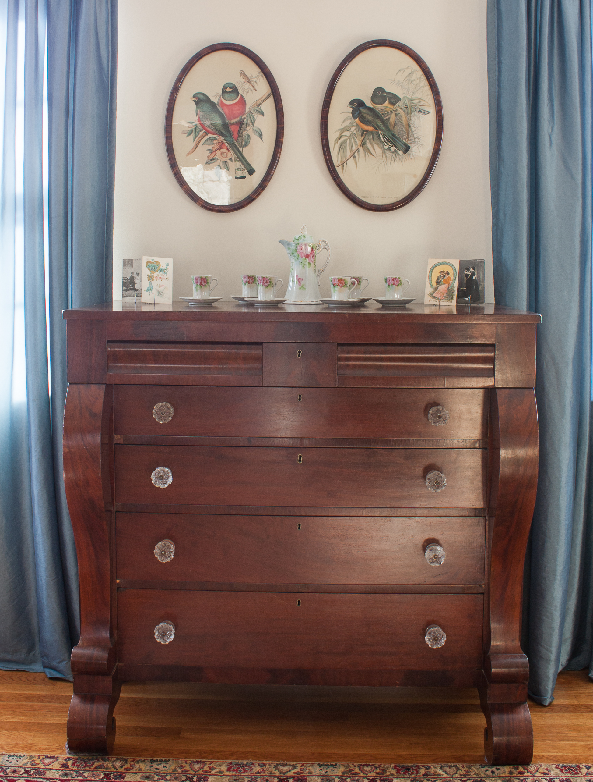 Antique Nippon Chocolate Set on an Antique Chest with Sandwich Glass Knobs #Antique #antiquechest #sandwichglass #chocolateset