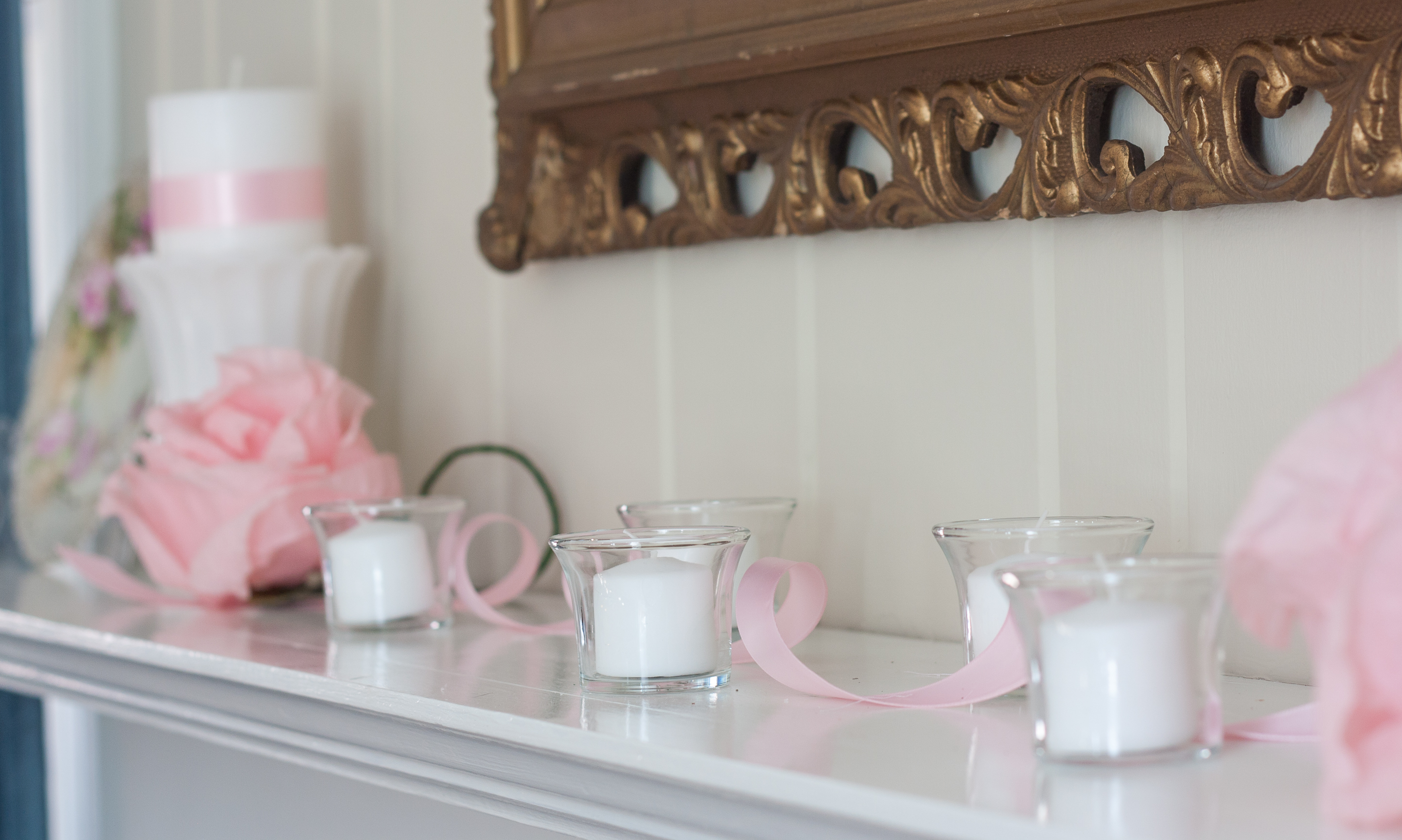 Romantic Valentine's Day Mantel #valentinesday #valentinesdaymantel #milkglass #crepepaperflower #paperflower #romanticdecor