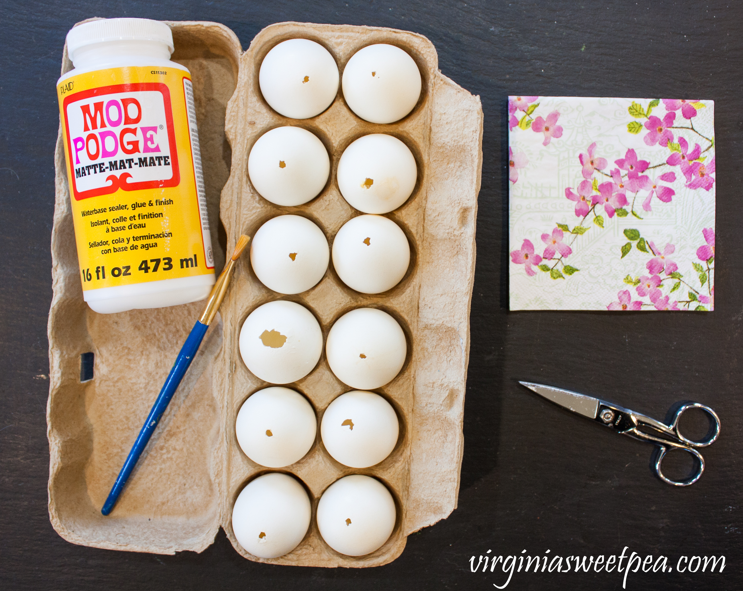 Supplies to Make Decoupaged Floral Eggs for Easter