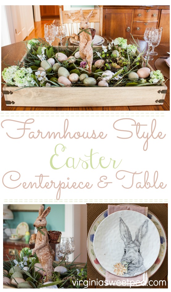 Farmhouse Style Easter Centerpiece and Table - Learn how to create a farmhouse style Easter centerpiece for your Easter table and get ideas for setting the table for Easter. #easter #eastercenterpiece #eastertablescape #farmhouse #farmhousecenterpiece #farmhousetable #eastertable
