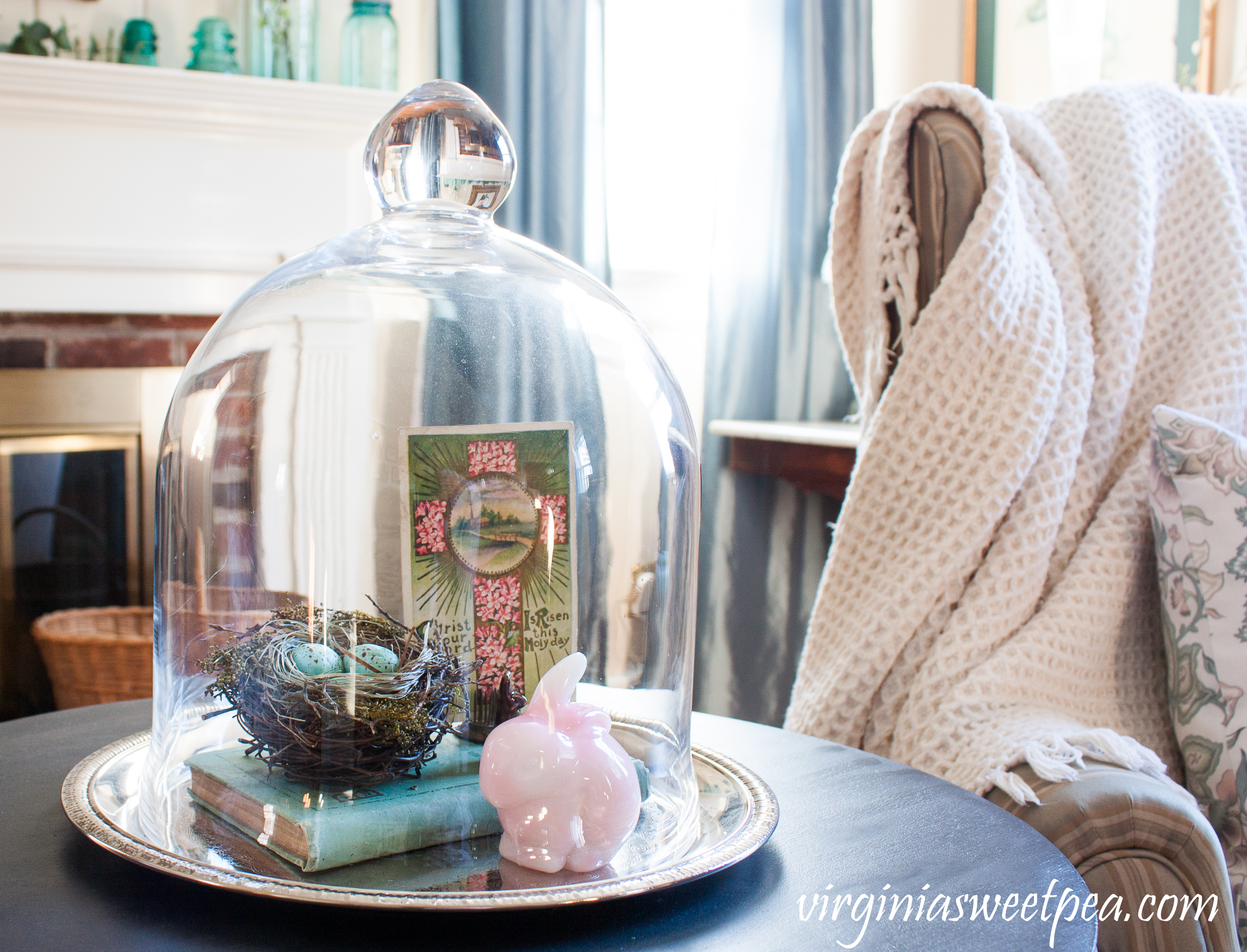 Easter Vignette with Fenton rabbit, nest, and 1910 Easter Postcard #eastervignette #easterdecor #fenton #fentonrabbit