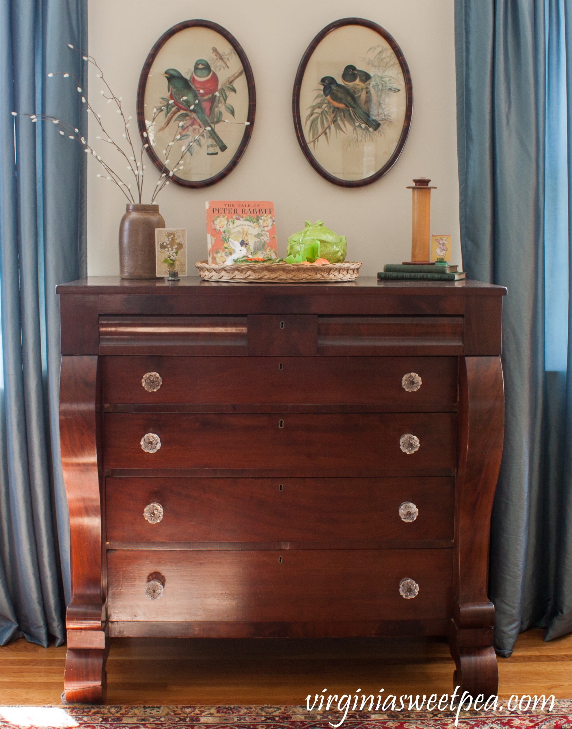 Easter Decorations on an Antique Chest with Sandwich Glass Knobs