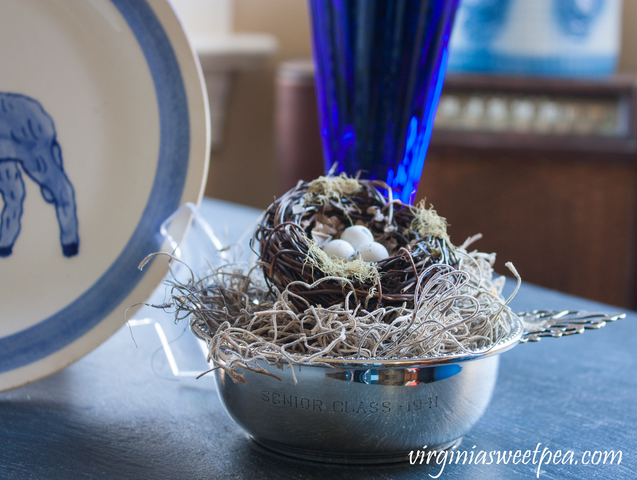 Decorating for Easter with Vintage - 1941 silver child's porridge bowl with a nest
