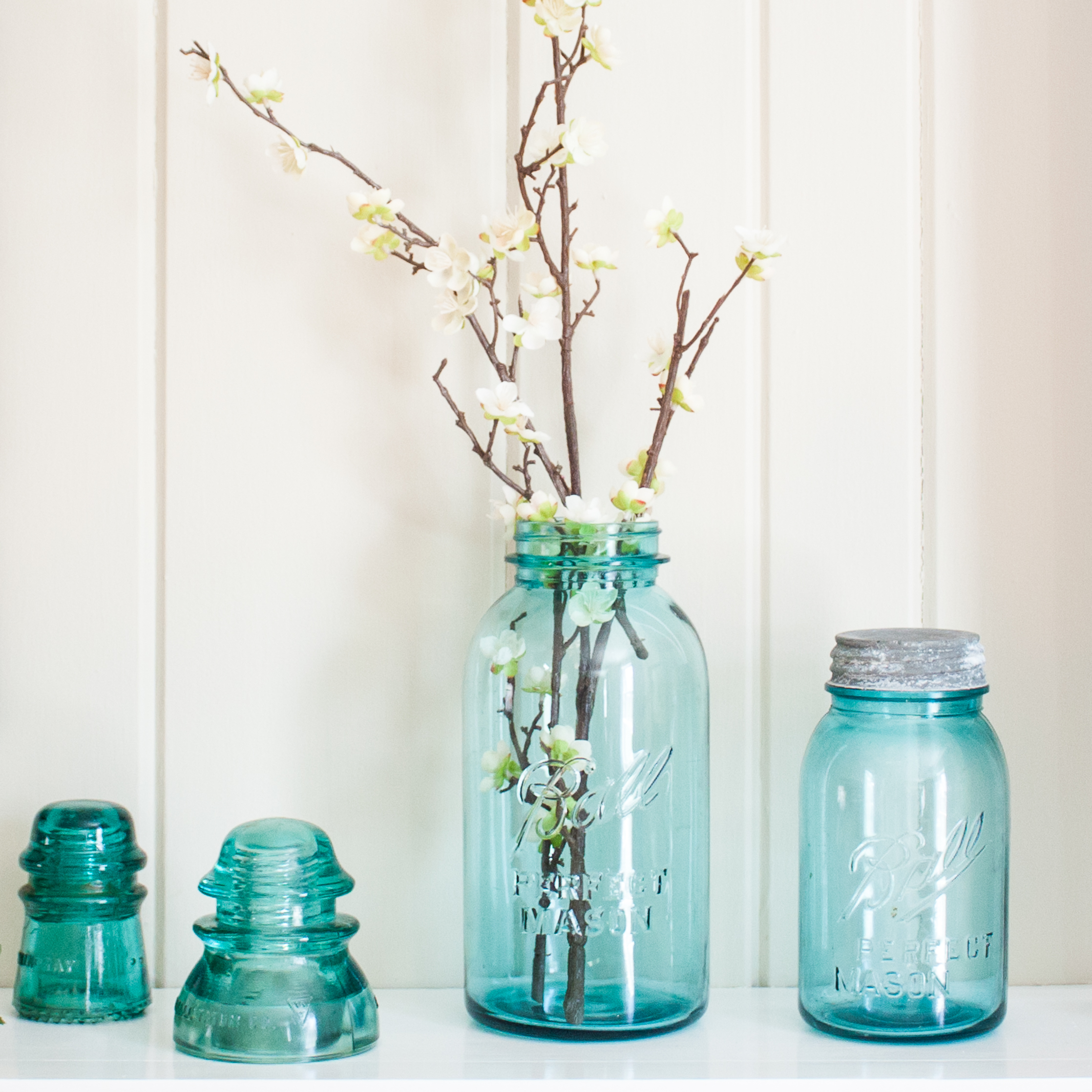 Spring Mantel with Vintage Ball Jars and Baskets