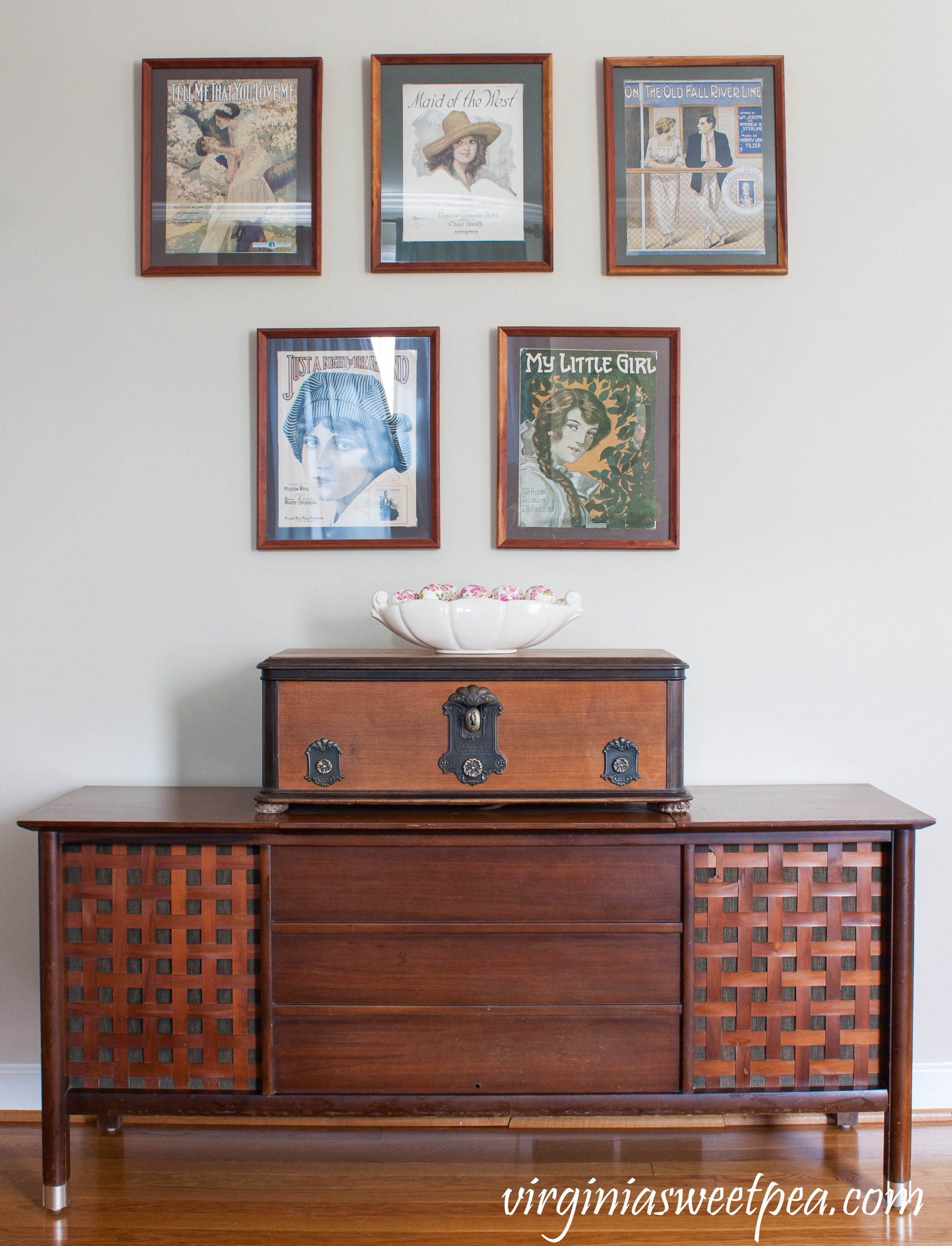 1960's Montgomery Ward Stereo Console with a box made from an old radio and WWI era sheet music