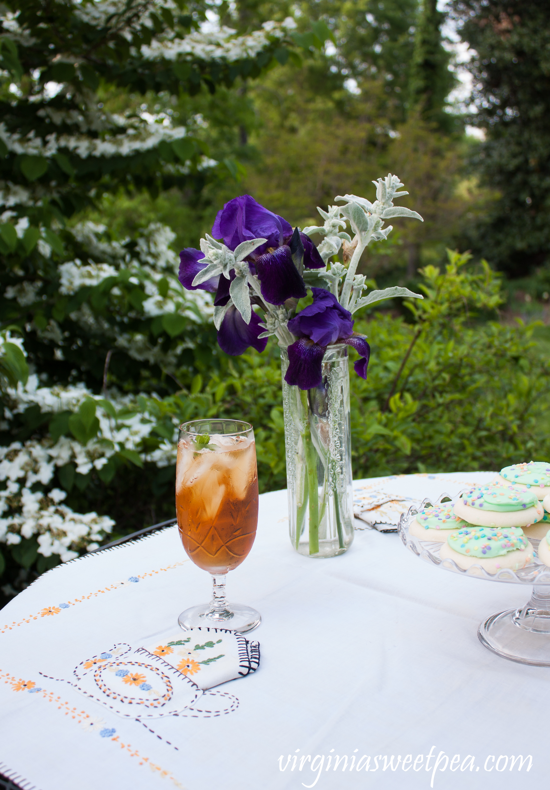 Spring Tea Party with Vintage - Iris and Lamb's Ear in a vintage vase.