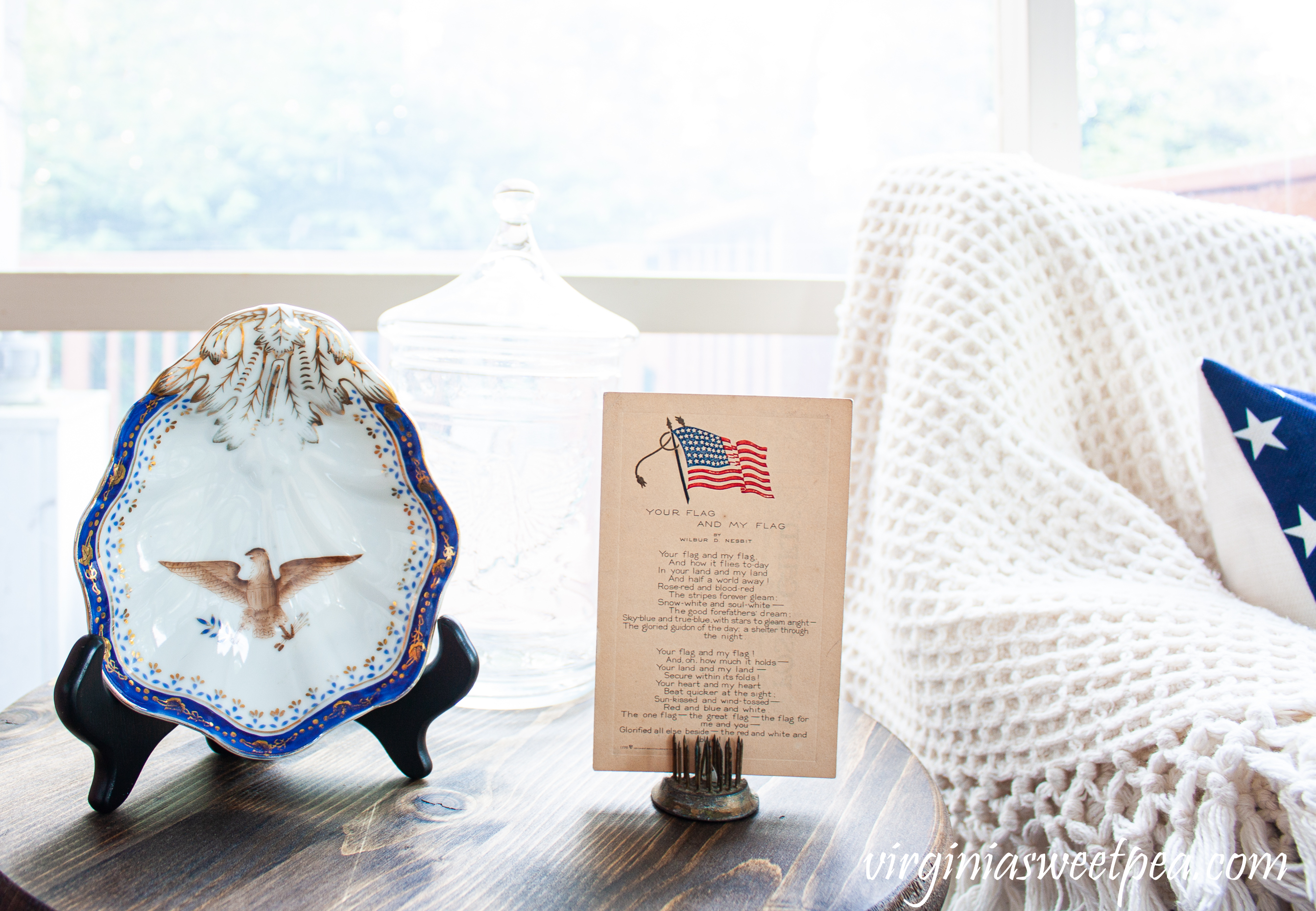 Antique bowl with an eagle and a Wilbur D. Nesbit Your Flag and My Flag postcard