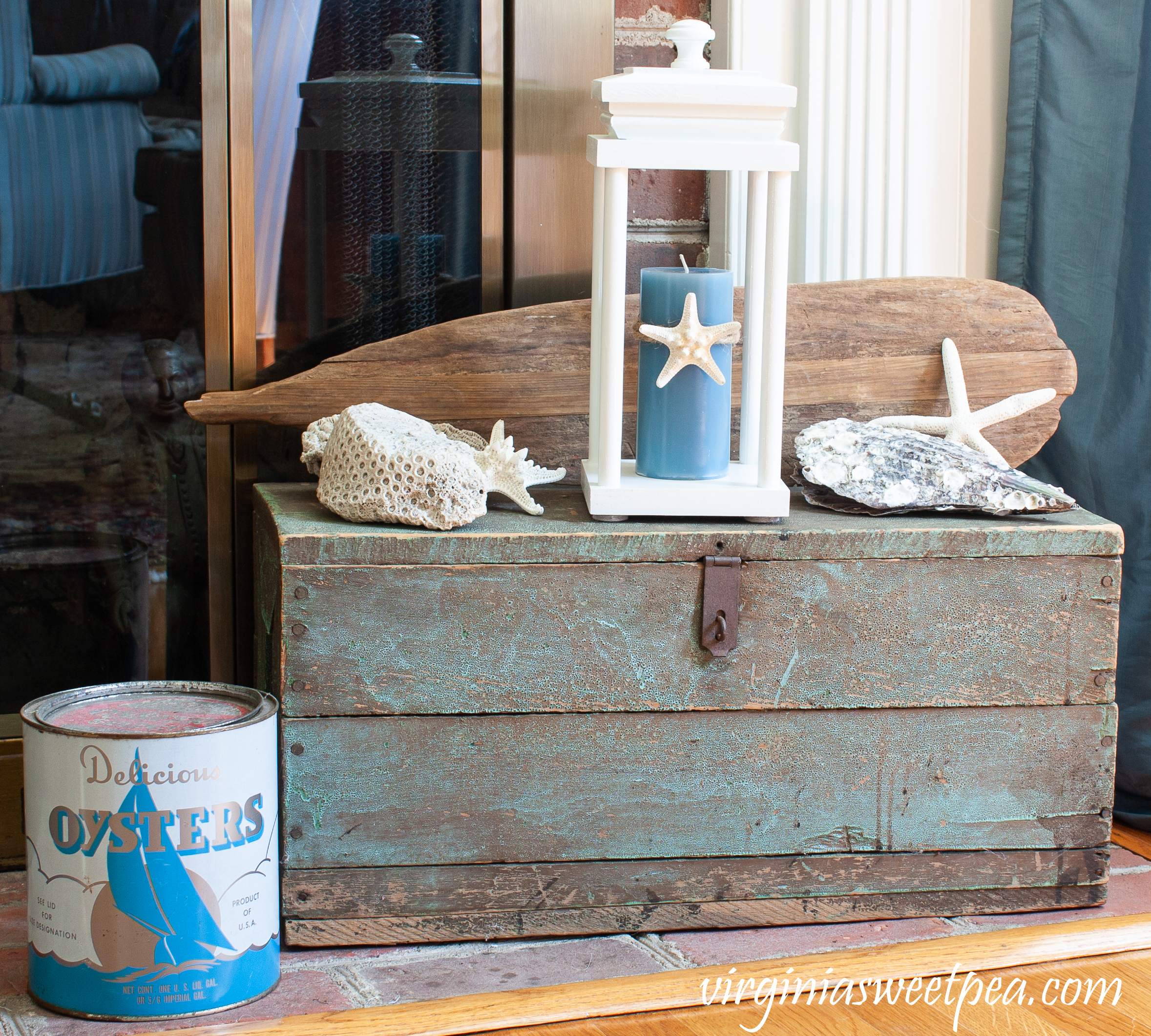 Vintage Toolbox decorated with a coastal style.