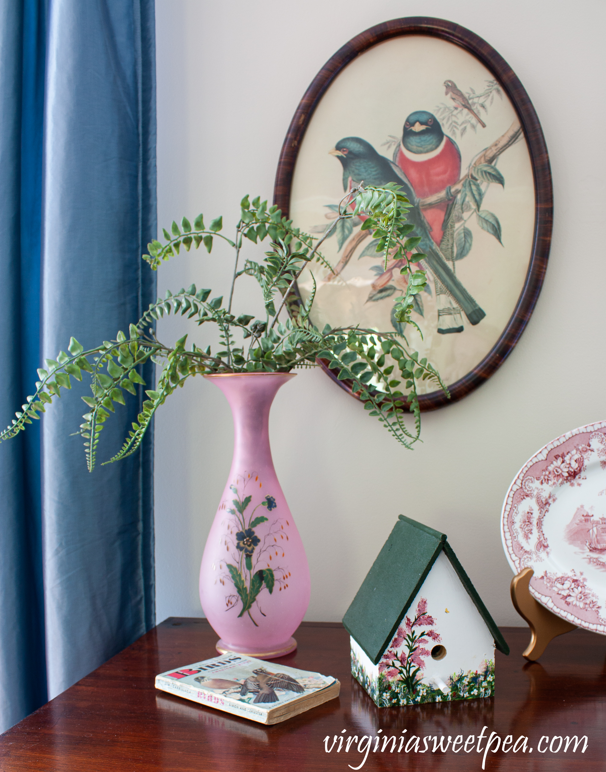 Handmade painted birdhouse, vintage bird field guide, vintage pink vase with ferns
