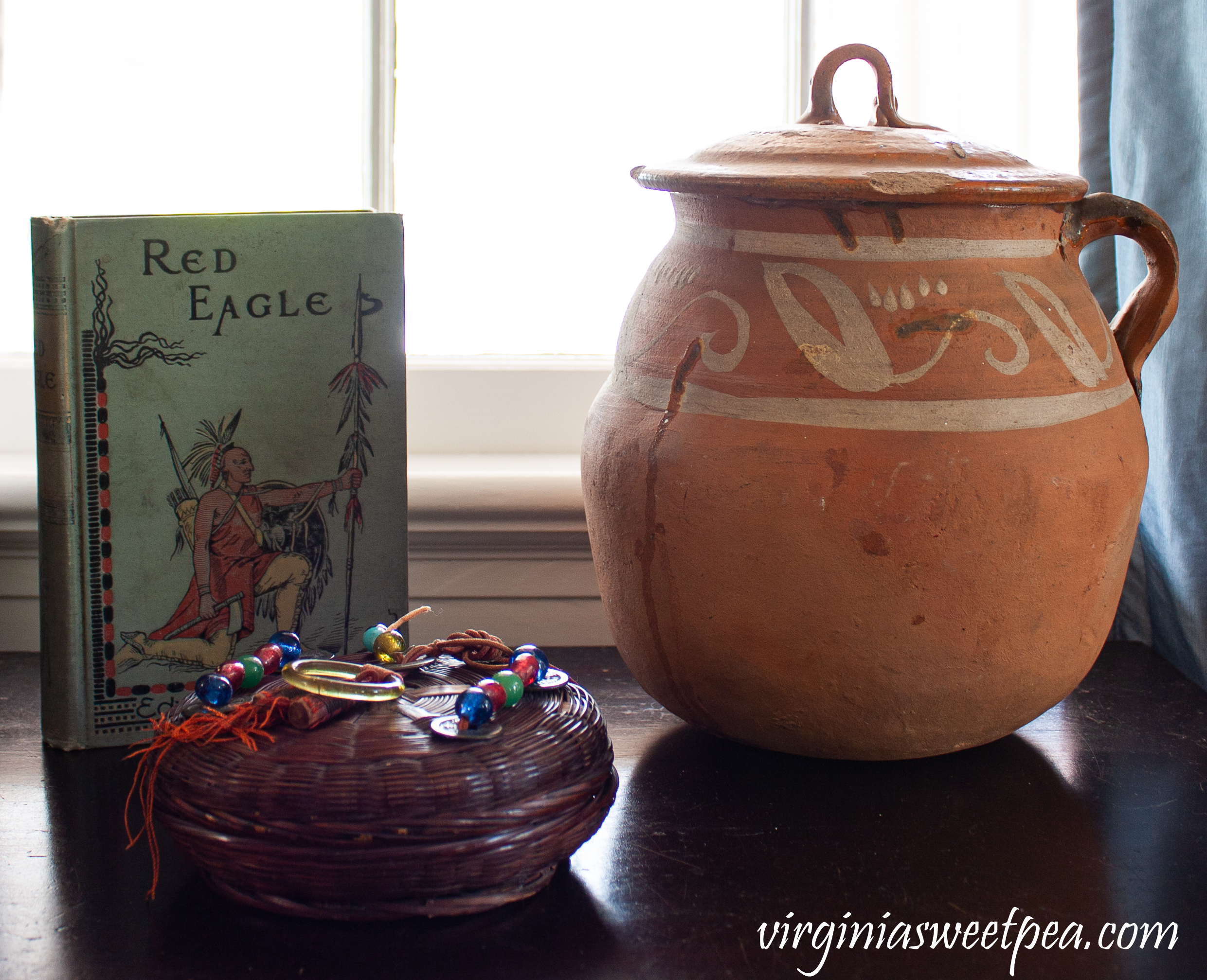 Vintage Mexican pot, 1901 Red Eagle Novel, 1922 Indian basket