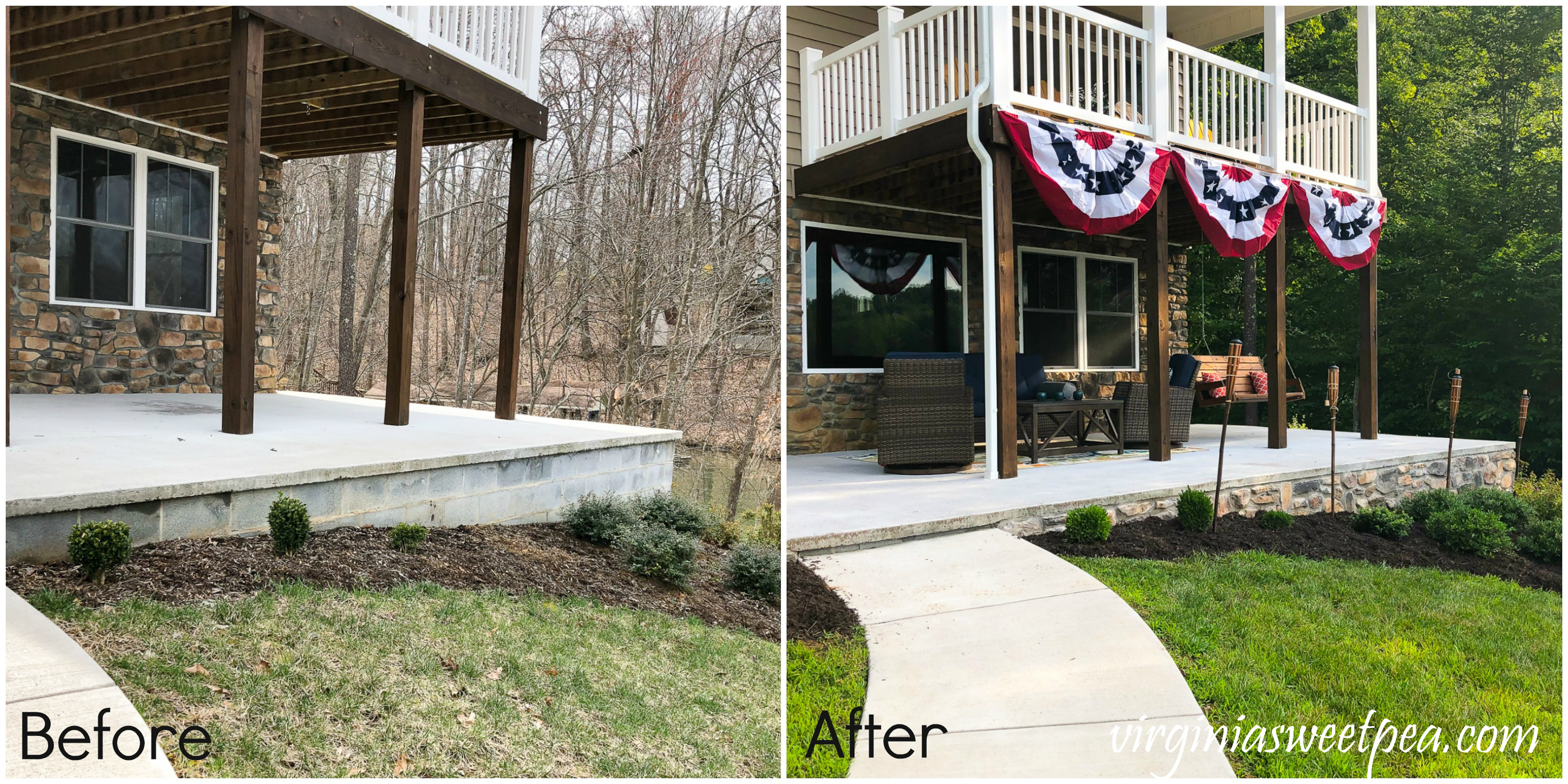 Before and After of a patio wall faced with stone veneer