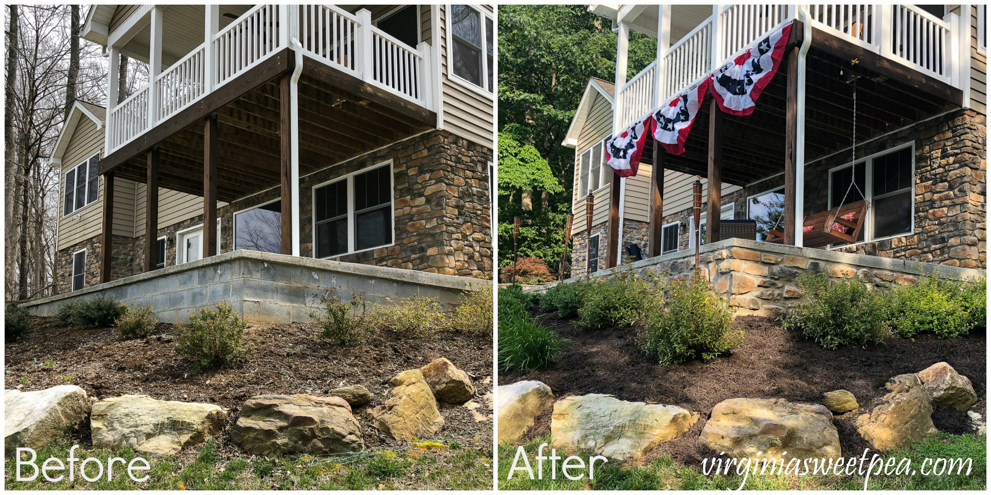 Before and After of adding stone veneer to a patio wall