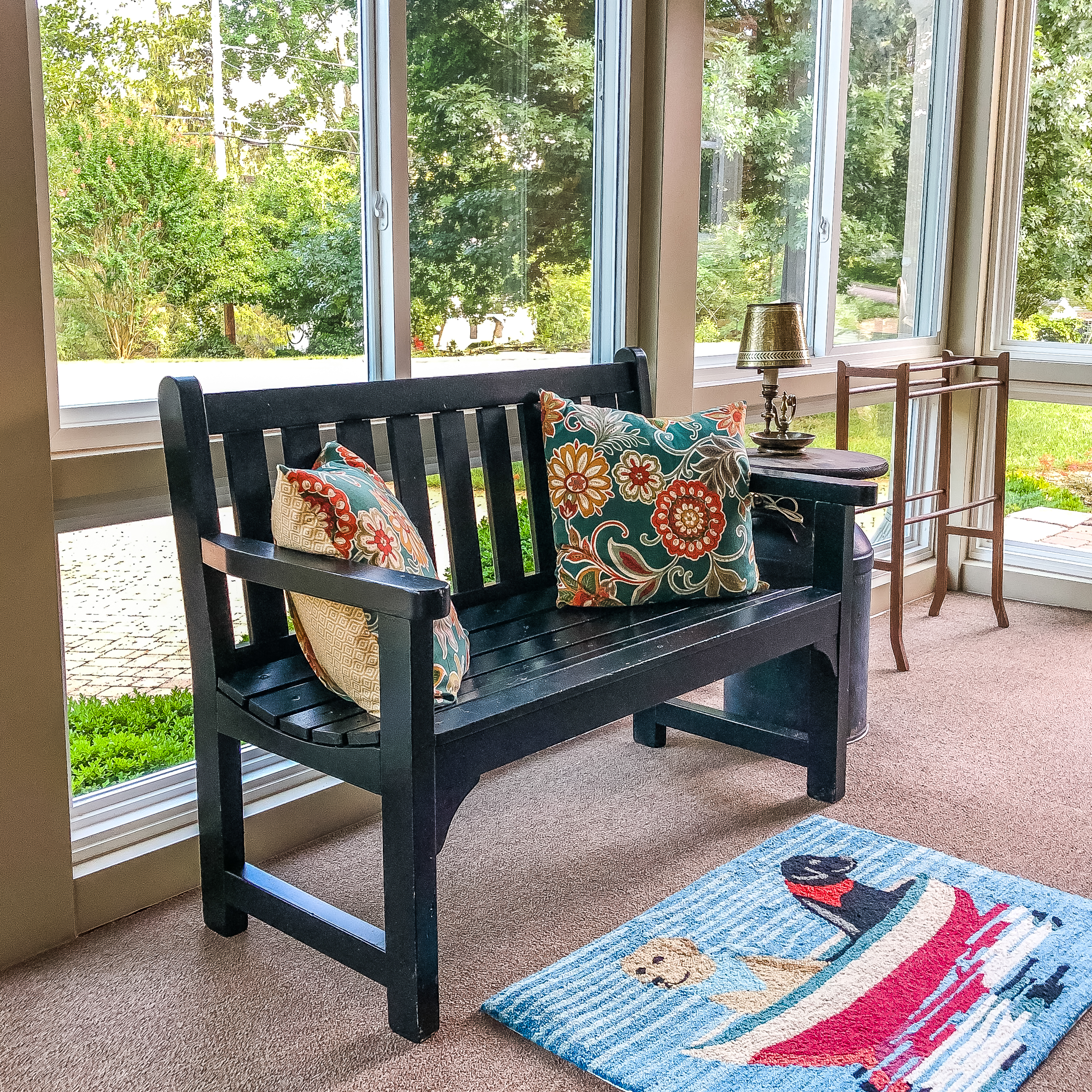 Interior pictures of a screened porch converted to a sunroom.