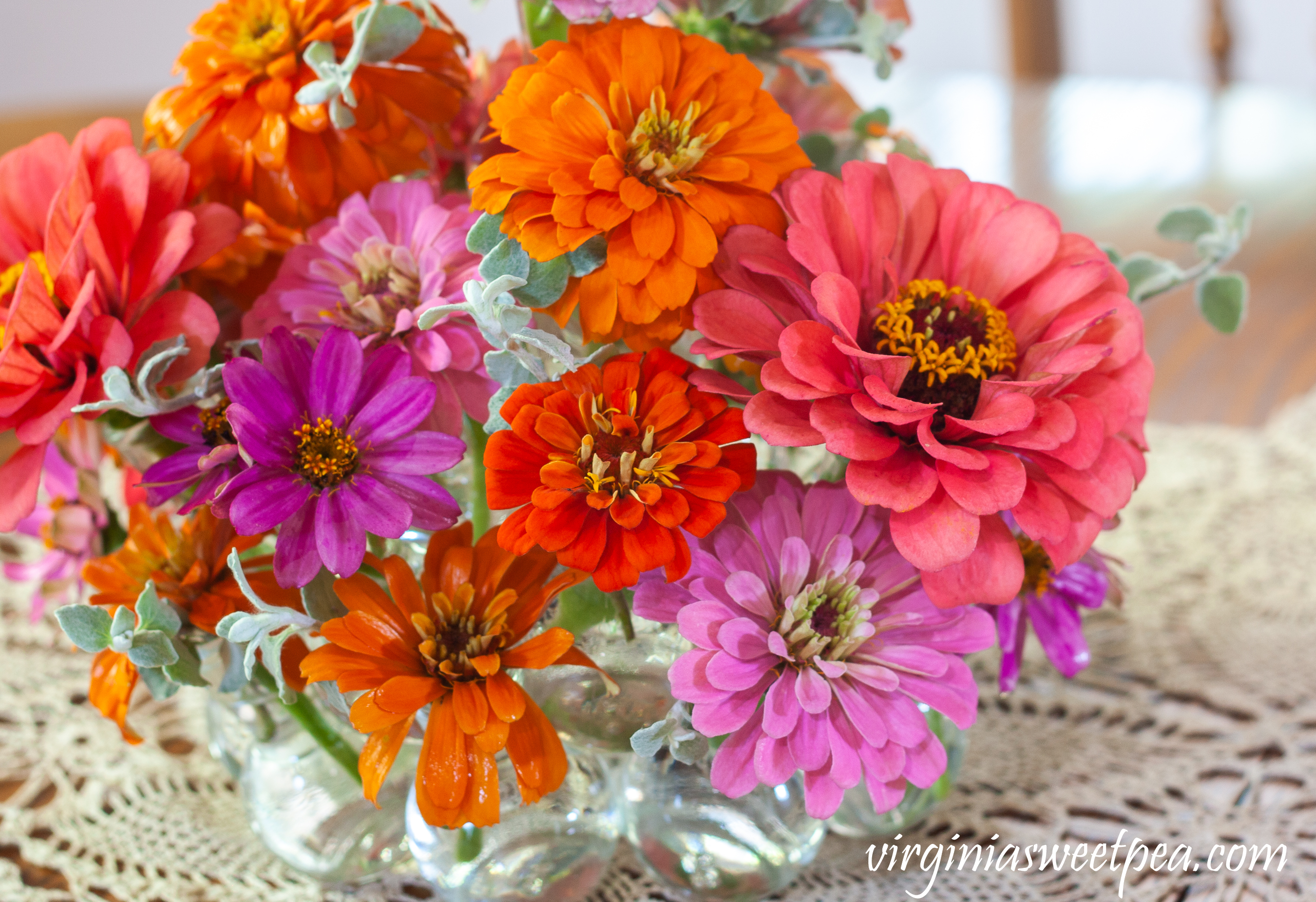 Zinnias used in a summer flower arrangement.