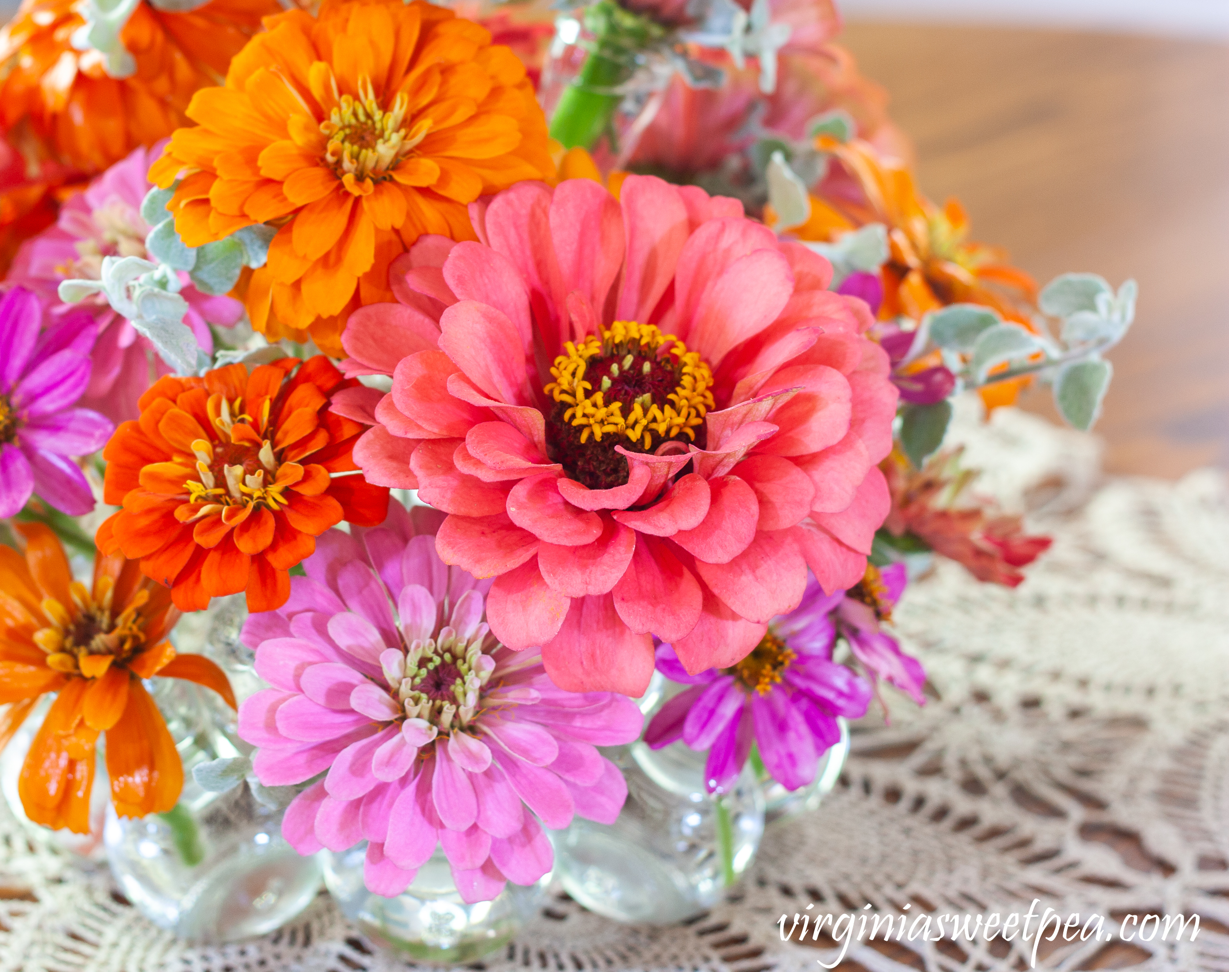 Zinnias used in a summer flower arrangement.