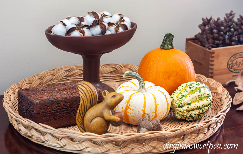 Fall Vignette with wood squirrel, handmade clay acorns, wood box from India, Hagar compote filled with cotton bolls and a cigar box filled with pinecones.