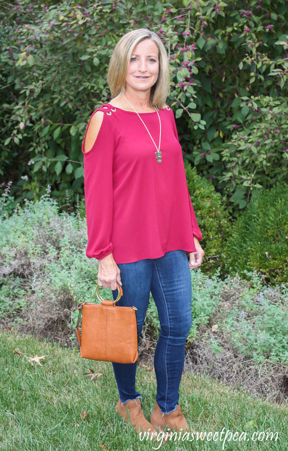 Stitch Fix Review for October 2019 - Papermoon Ilma Cold Shoulder Grommet Detail Blouse with Sole Society Handbags Duff Crossbody