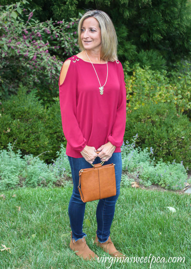 Stitch Fix Review for October 2019 - Papermoon Ilma Cold Shoulder Grommet Detail Blouse with Sole Society Handbags Duff Crossbody