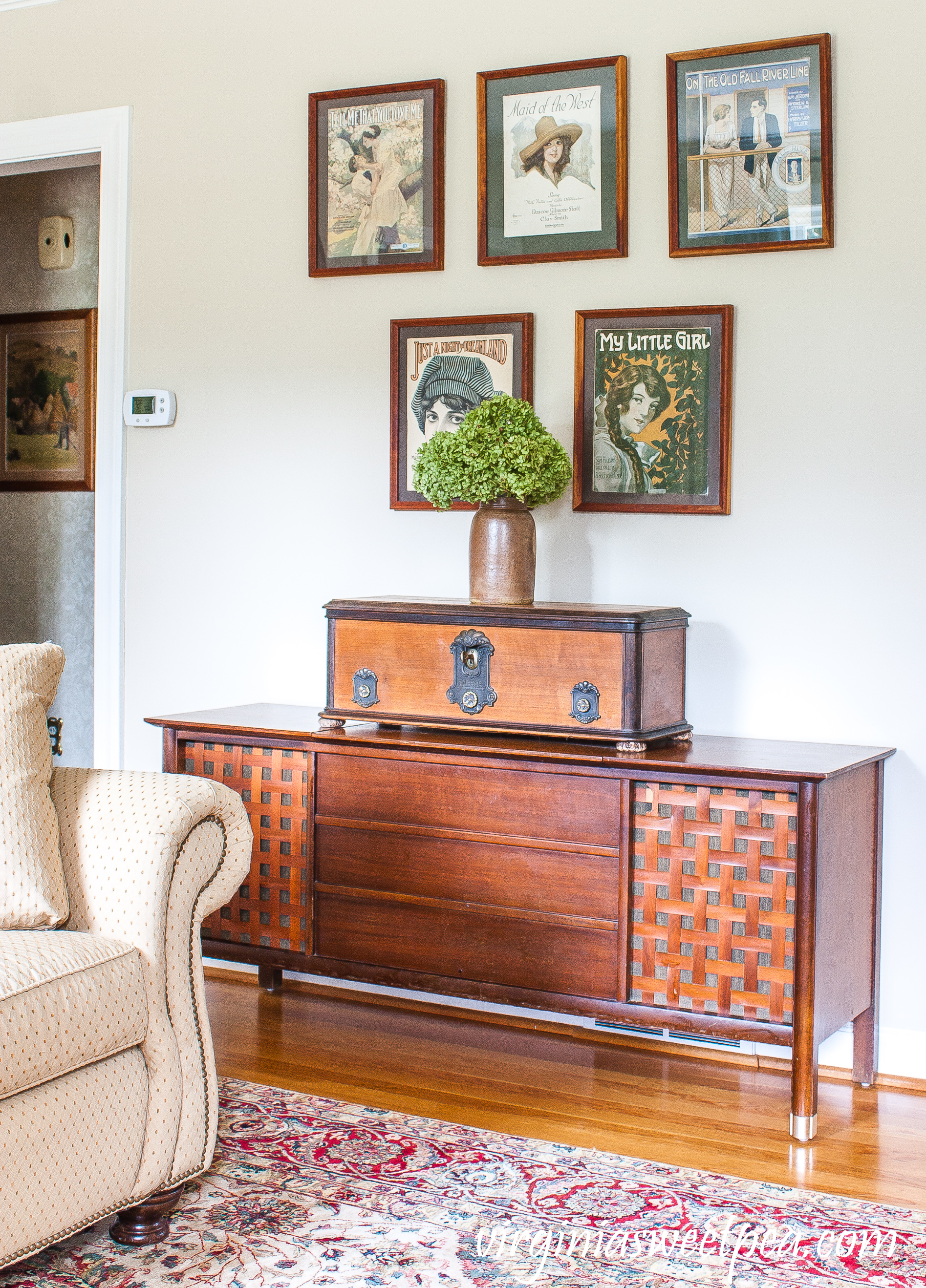 1960's stereo console with an antique radio and collection of WWI sheet music